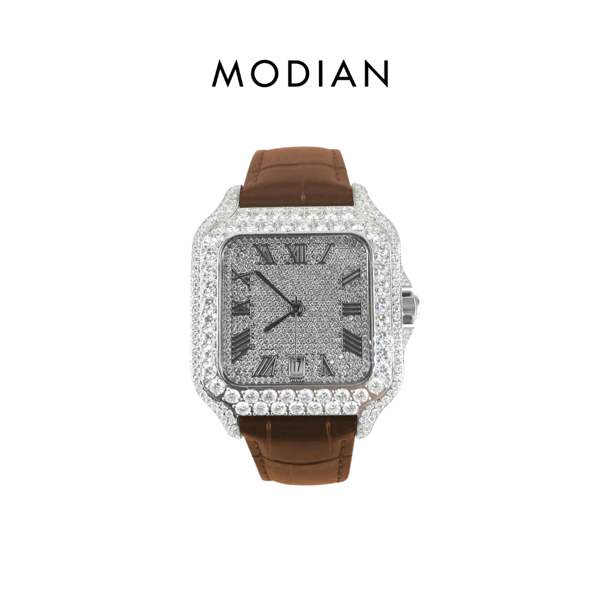 MODIAN® Moissanite Half Iced Brown Croco Leather Band Bezel 9.6ct Watch