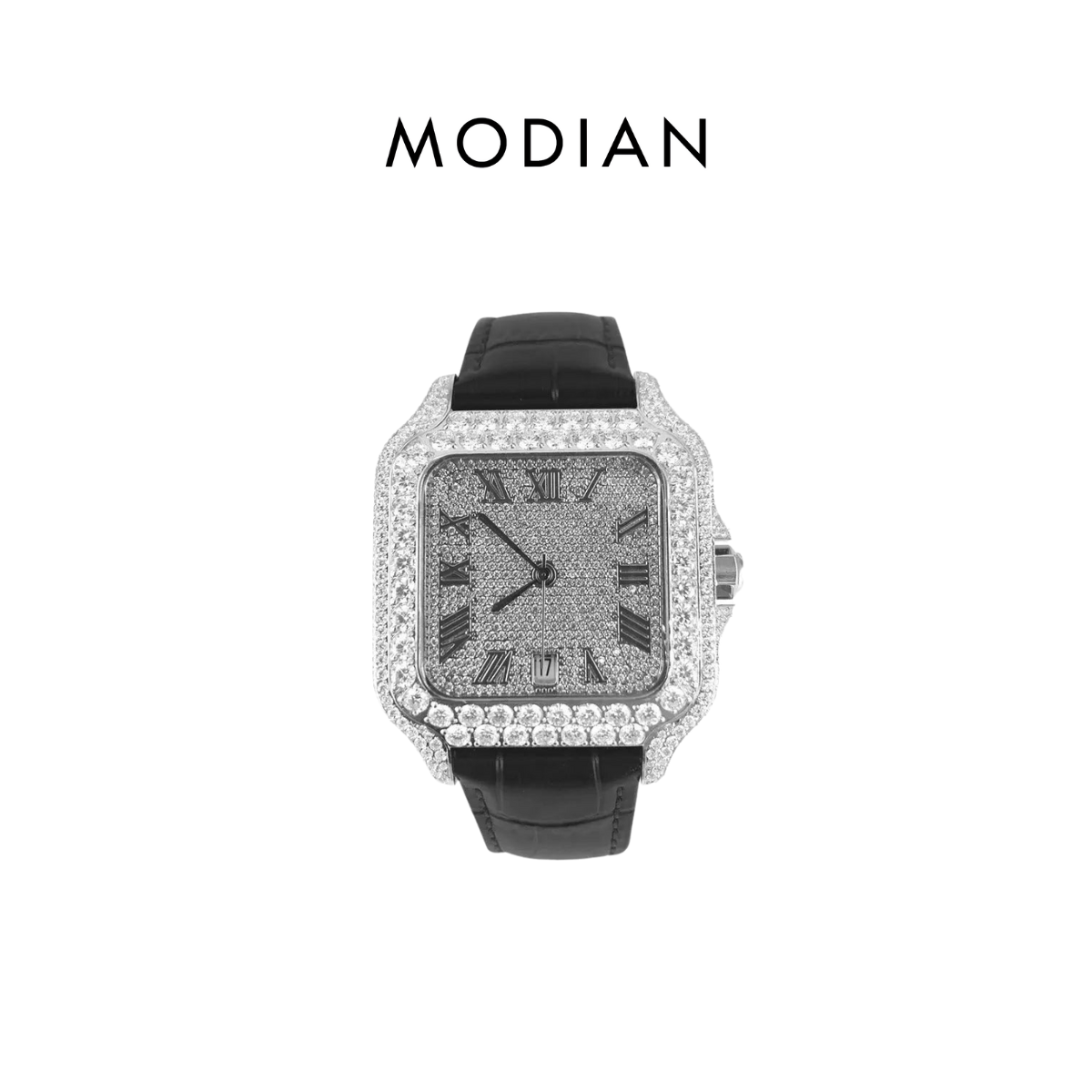MODIAN® Moissanite Black Croco Half Iced Leather Band Watch Bezel 9.6ct