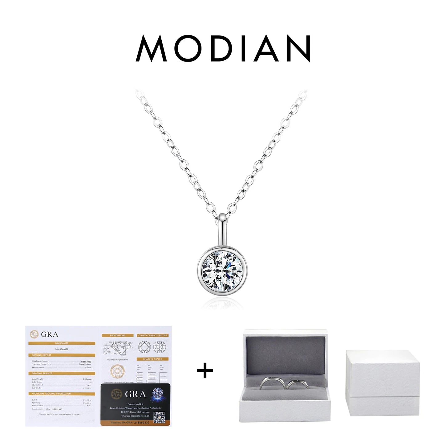 MODIAN 1 Carat Round Bezel Moissanite Pendant Necklace