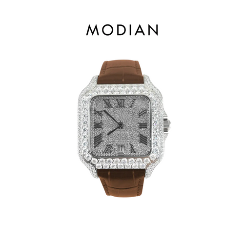 MODIAN® Moissanite Half Iced Brown Croco Leather Band Bezel 9.6ct Watch