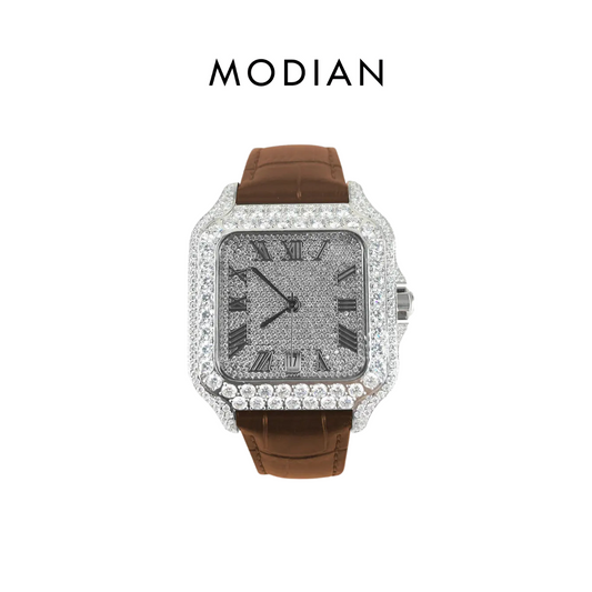 MODIAN® Moissanite Half Iced Brown Croco Leather Band Bezel 9.6ct Watch