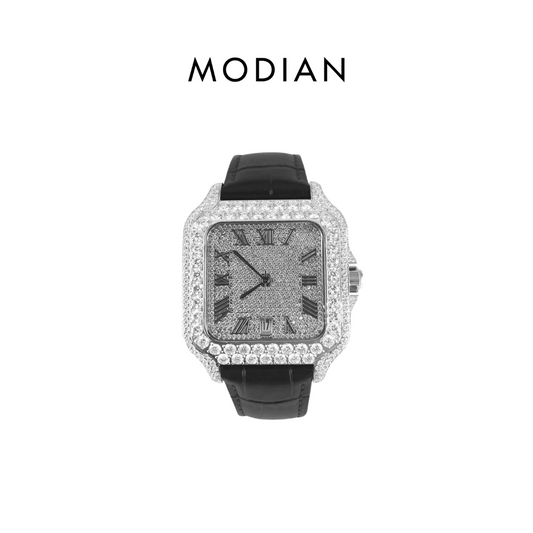 MODIAN® Moissanite Black Croco Half Iced Leather Band Watch Bezel 9.6ct
