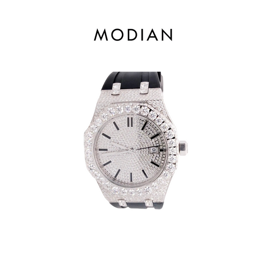 MODIAN® Solitaire Bezel 9.5ct Moissanite Half Iced Black Silicon Band Watch