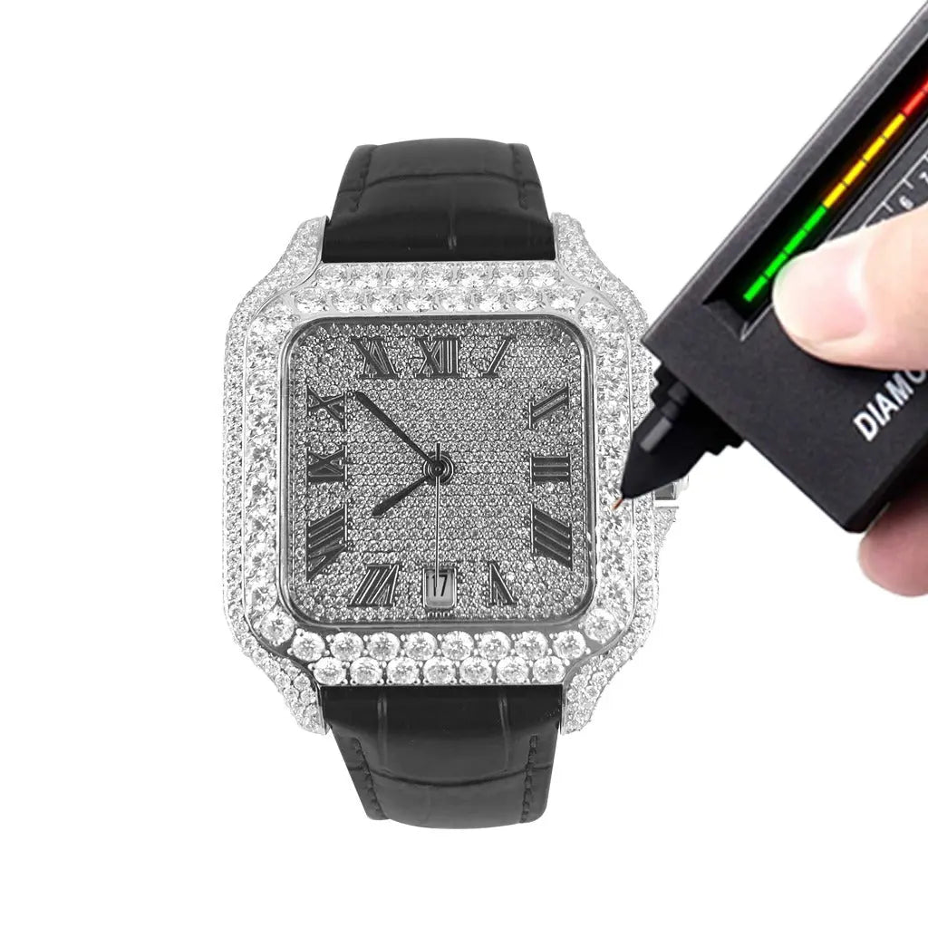 MODIAN® Moissanite Black Croco Half Iced Leather Band Watch Bezel 9.6ct