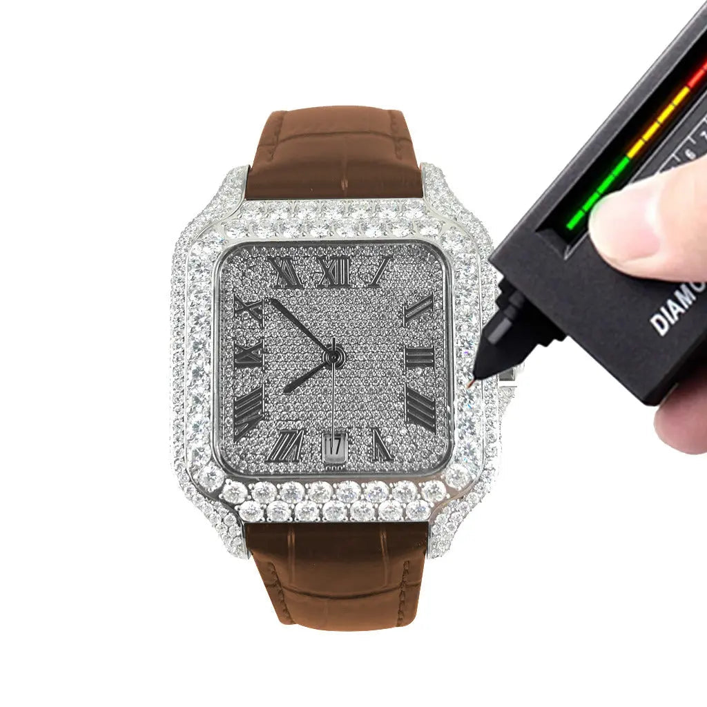 MODIAN® Moissanite Half Iced Brown Croco Leather Band Bezel 9.6ct Watch